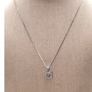925 Sterling Silver Pink Square Crystal CZ Surround Square Pendant 18" Necklace